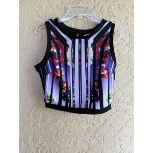 Bison Bison Women’s Shirt Medium Black Purple Floral Fitted Striped Crop Top